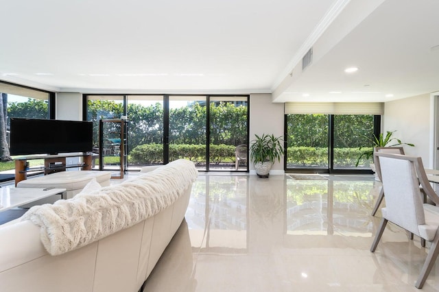 living room featuring a wealth of natural light, expansive windows, and light tile floors