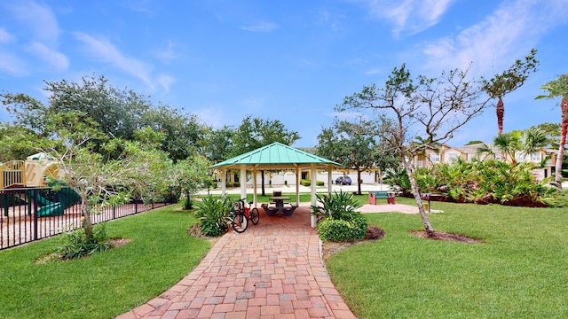 surrounding community with a playground, a gazebo, and a lawn