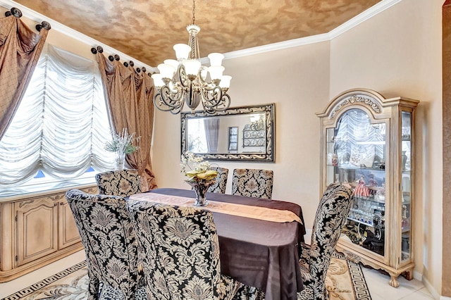 tiled dining area with an inviting chandelier and crown molding