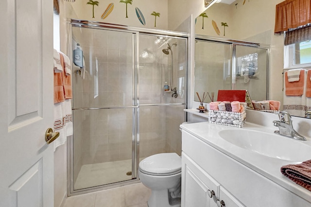 bathroom featuring toilet, an enclosed shower, tile patterned flooring, and vanity