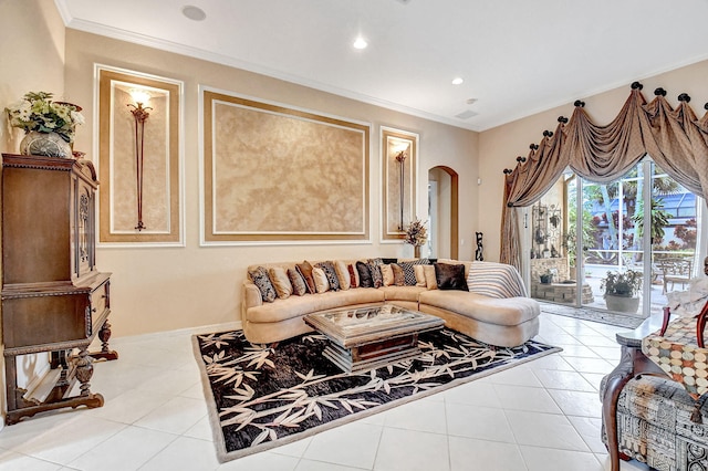 living room with light tile patterned floors and crown molding