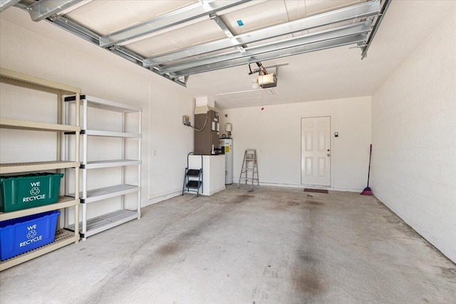 garage with a garage door opener and heating unit