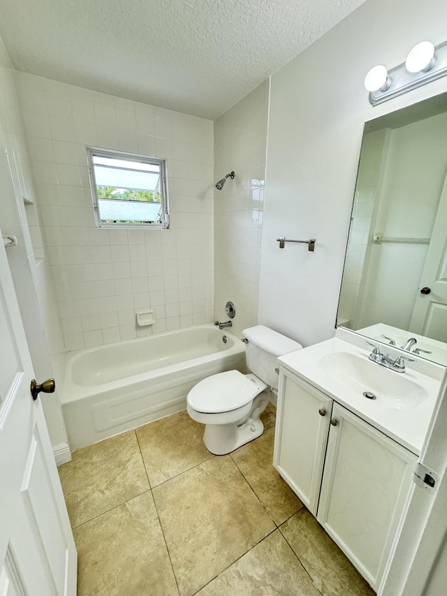 full bathroom featuring toilet, a textured ceiling, tile patterned flooring, bathtub / shower combination, and vanity