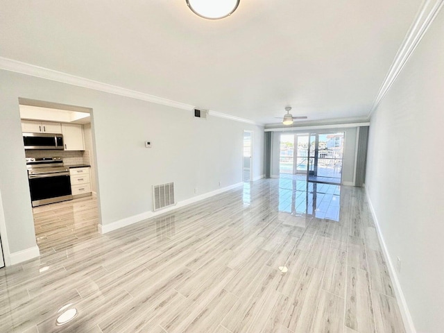 unfurnished living room with crown molding, ceiling fan, and light hardwood / wood-style floors