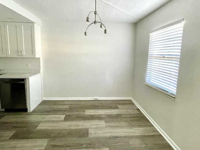 unfurnished dining area featuring dark hardwood / wood-style flooring and a textured ceiling