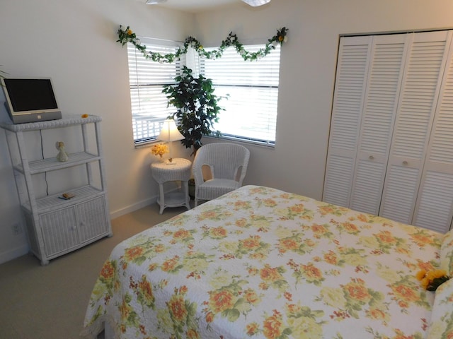 bedroom featuring multiple windows, a closet, and carpet