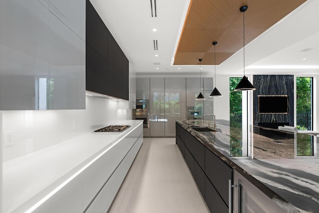 kitchen with sink, hanging light fixtures, a fireplace, a tray ceiling, and stainless steel appliances