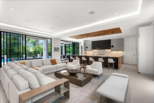 living room featuring a raised ceiling