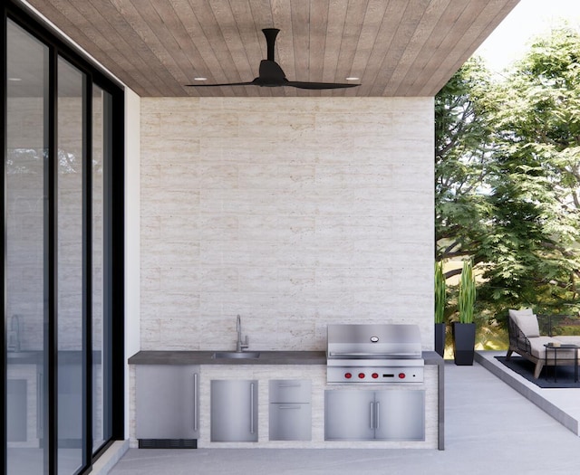 view of patio / terrace with sink, exterior kitchen, ceiling fan, and a grill