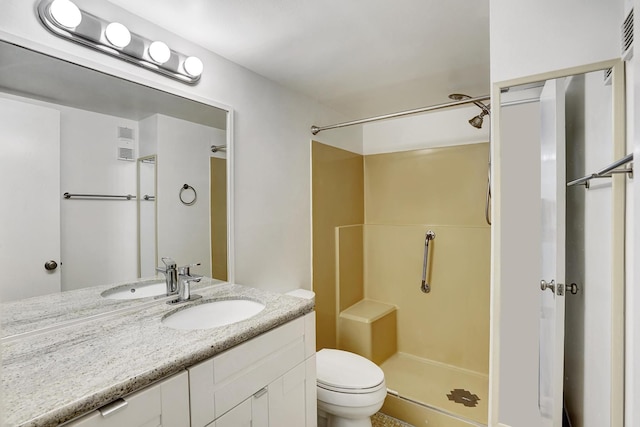 bathroom featuring a shower, vanity, and toilet