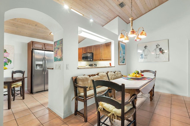 tiled dining room with lofted ceiling, a chandelier, and wood ceiling