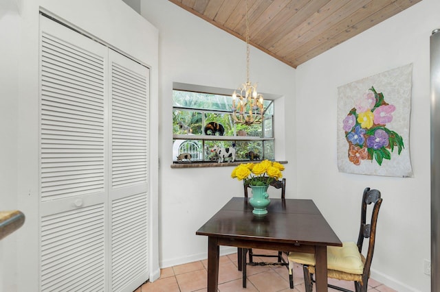 tiled dining area featuring a notable chandelier, vaulted ceiling, and wood ceiling