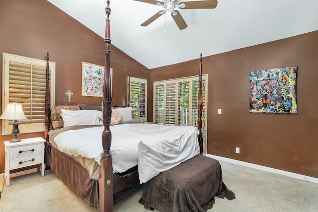 bedroom featuring ceiling fan, light colored carpet, and vaulted ceiling