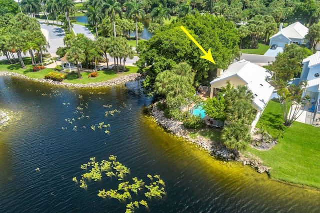 drone / aerial view featuring a water view