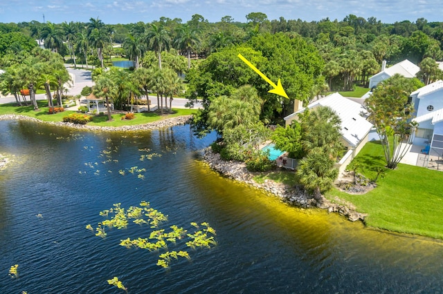 bird's eye view with a water view