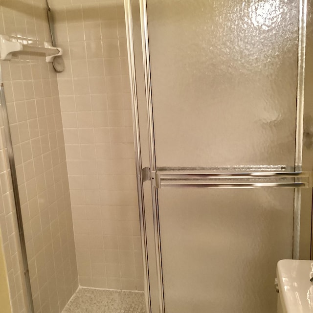 bathroom with a shower with shower door