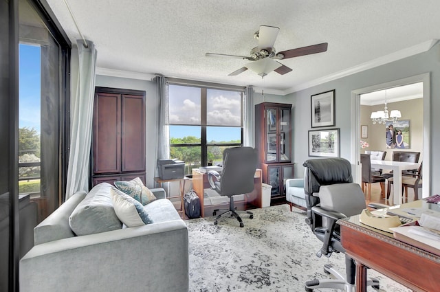 office area featuring a textured ceiling, ceiling fan with notable chandelier, crown molding, and hardwood / wood-style floors