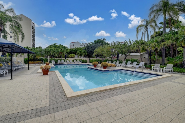 view of swimming pool with a patio