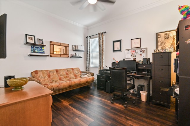 office space featuring crown molding, wood-type flooring, and ceiling fan