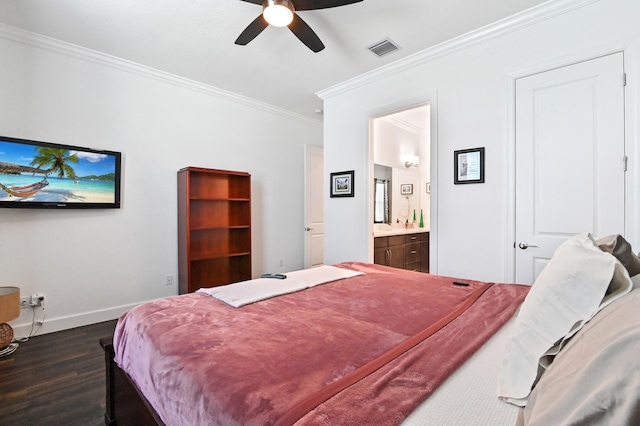 bedroom featuring dark hardwood / wood-style flooring, connected bathroom, crown molding, and ceiling fan