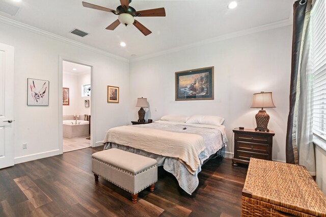 bedroom with ceiling fan, ornamental molding, and dark hardwood / wood-style flooring