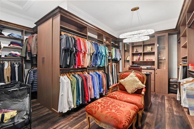 walk in closet featuring dark wood-type flooring and a chandelier