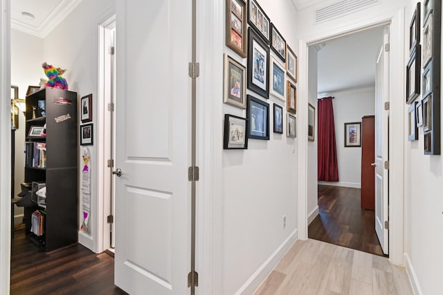 hall featuring crown molding and wood-type flooring