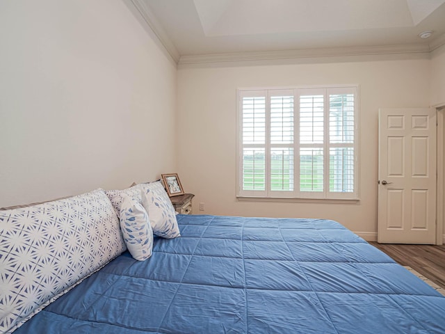 bedroom with wood-type flooring, ornamental molding, and a raised ceiling