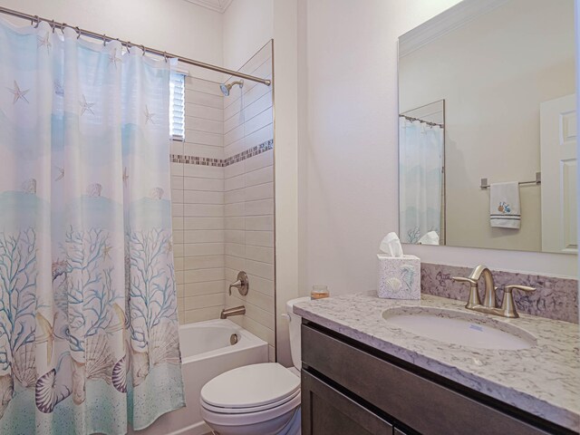 full bathroom with toilet, vanity, crown molding, and shower / bath combination with curtain