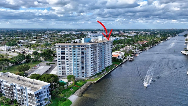 drone / aerial view featuring a water view