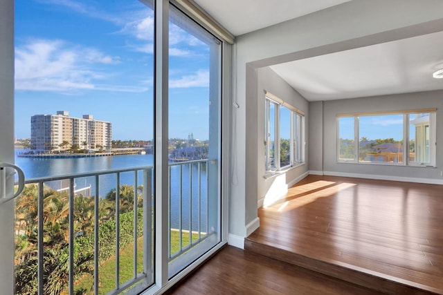 interior space featuring a water view