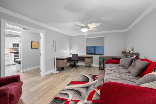 living room with ornamental molding, light wood-type flooring, and ceiling fan