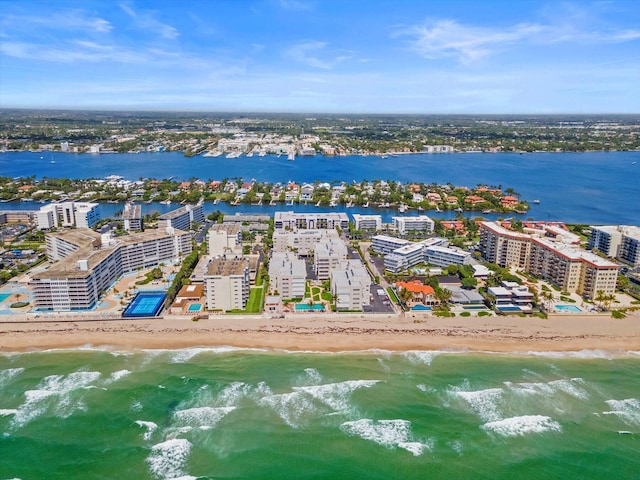 aerial view featuring a beach view and a water view