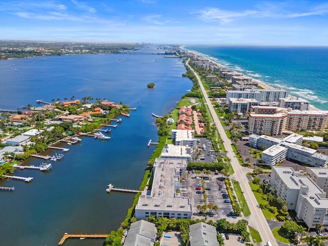 bird's eye view with a water view