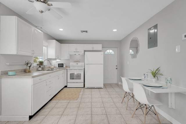 kitchen with ceiling fan, light tile patterned flooring, electric panel, white appliances, and white cabinets