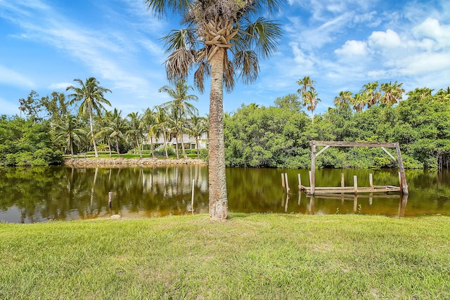 dock area with a yard and a water view