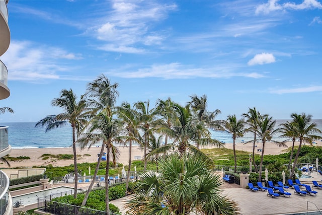 view of water feature with a beach view