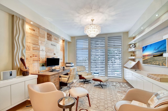 office area with an inviting chandelier