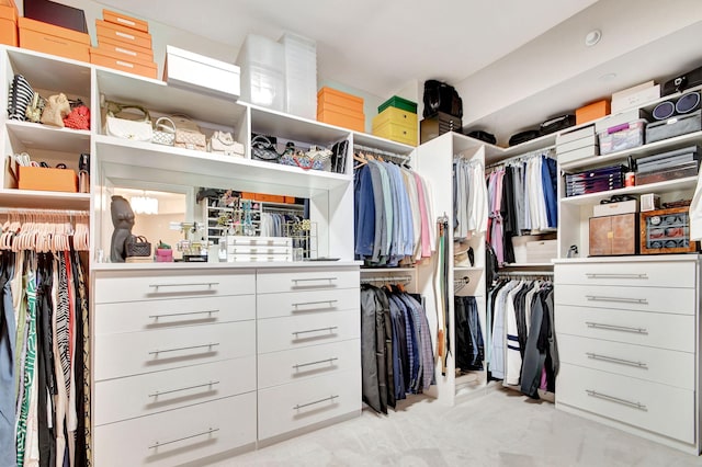 spacious closet featuring light carpet