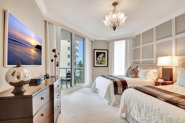 carpeted bedroom featuring a chandelier, multiple windows, and crown molding