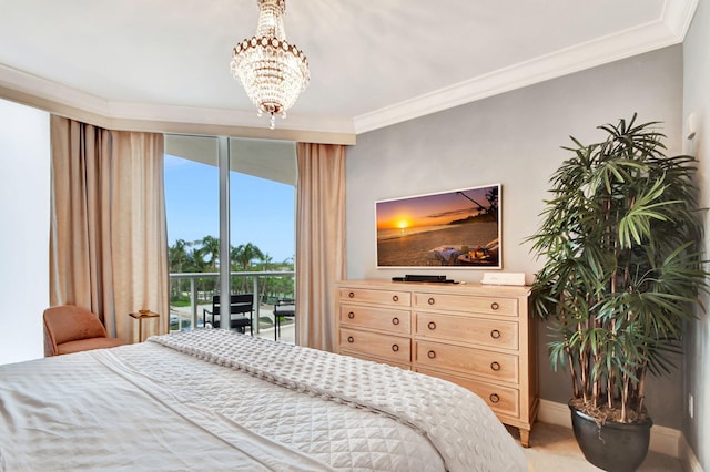 bedroom with access to outside, crown molding, and a notable chandelier