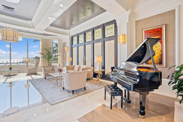 living area with light tile patterned flooring, ornamental molding, and wood ceiling