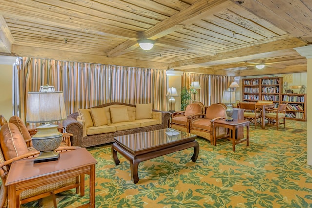 living room featuring beam ceiling, carpet floors, and wood ceiling