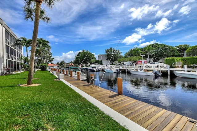 dock area featuring a water view and a yard