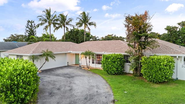 ranch-style house featuring a front lawn and a garage