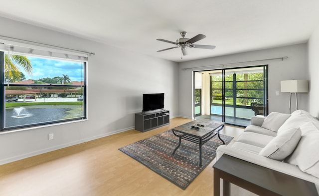 living room featuring hardwood / wood-style floors and ceiling fan