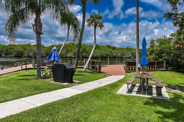 view of property's community featuring a yard and a water view