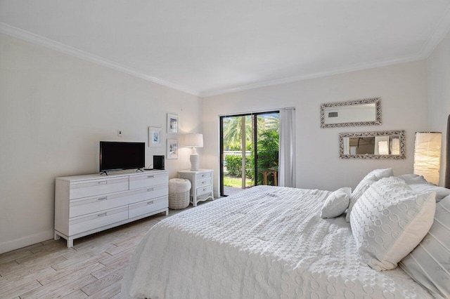 bedroom with access to outside, ornamental molding, and light wood-type flooring