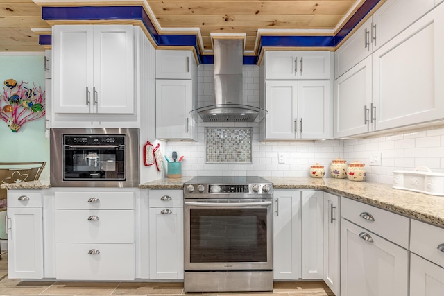 kitchen with white cabinetry, wall chimney exhaust hood, stainless steel appliances, and wooden ceiling