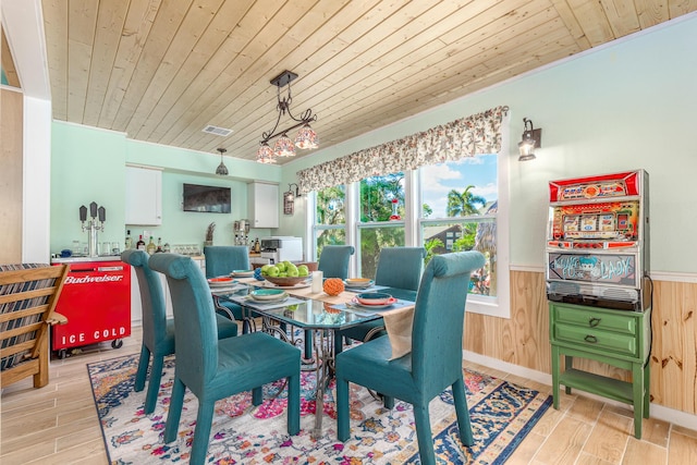 dining room featuring wood ceiling and wooden walls